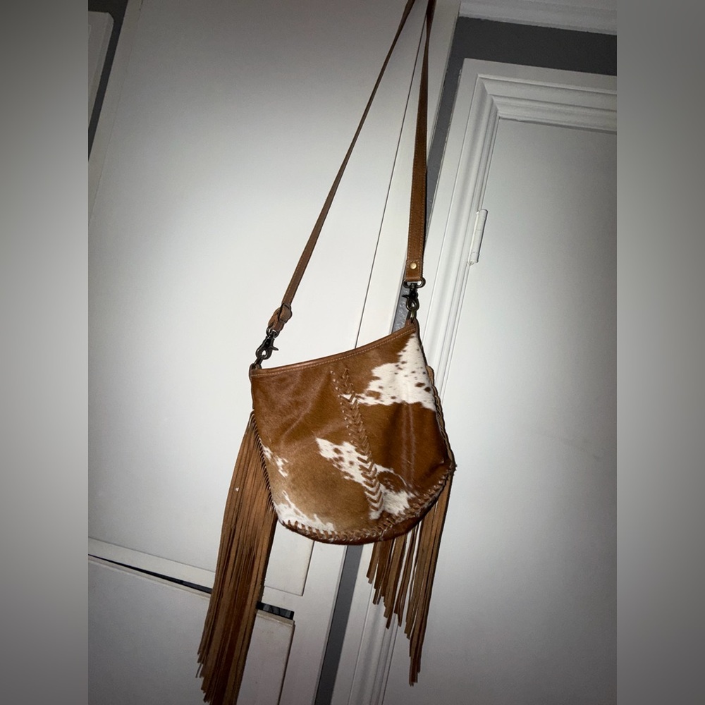 Myra Bag Tan and White Crossbody with Fringe